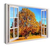 Print on Canvas (120x80 cm) view from the window - tree autumn field nature sun - nature photography, real wood frame with hook