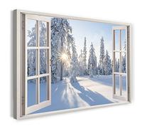 Print on Canvas (120x80 cm) view from the window - winter landscape trees forest sun nature - nature photography, real wood frame with hook