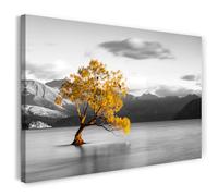 Print on Canvas (30x20 cm) Yellow tree, mountain landscape - black and white nature photography, real wood frame with hook
