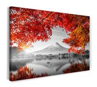 Print on Canvas (40x30 cm) Mountain by the lake, tree with red maple leaves - nature photography, landscape, real wood frame with hook