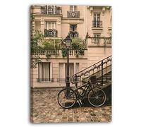 Print on Canvas (40x60 cm) bicycle, romantic ancient Paris, warm colors, architecture photo, real wood frame with hook