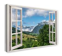 Print on Canvas (60x40 cm) view from the window - mountains, fields, landscape, nature, nature photography, real wood frame with hook