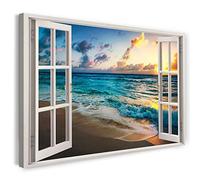 Print on Canvas (60x40 cm) view from the window - sunset at the seaside holiday on the sandy beach - nature photography, real wood frame with hook