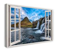 Print on Canvas (60x40 cm) view from the window - waterfall mountains lake nature landscape - nature photography, real wood frame with hook