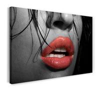 Print on Canvas (60x40 cm) woman's face with red lips - erotic photography, real wood frame with hook