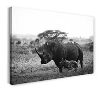 Print on Canvas (80x60 cm) rhinoceros, African savannah nature calf, black and white, animal photos, nature photography, real wood frame with hook