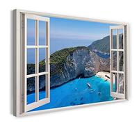 Print on Canvas (80x60 cm) view from the window - blue sea bay mountains cliffs - nature photography, real wood frame with hook