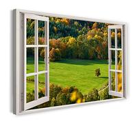 Print on Canvas (80x60 cm) view from the window - field forest trees grass landscape - nature photography, real wood frame with hook
