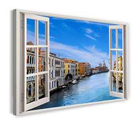 Print on Canvas (80x60 cm) view from the window - Italy Venice canal sun sea - nature photography, real wood frame with hook