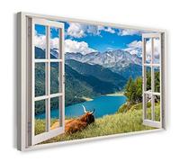 Print on Canvas (80x60 cm) view from the window - ox mountains view of nature meadow - nature photography, real wood frame with hook