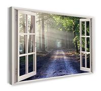 Print on Canvas (80x60 cm) view from the window - path in the forest nature sun rays plants - nature photography, real wood frame with hook