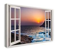 Print on Canvas (80x60 cm) view from the window - sunset sea cliffs water beach - nature photography, real wood frame with hook