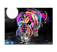 Print on Canvas Colored Tiger Drinks Water in The Moonlight Modern Pop Wall Art Quote Living Room Hanging Pictures 21x30cm(8x12in) Frameless