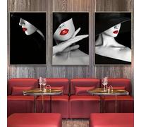 Print on Canvas Red Lips Woman Canvas Poster Prints Black and White Decoration Painting Girl Wall Art Living Room Decor(40x50cmx3/Frameless)