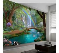 Print Photo Wallpaper Fantasy Forest 400 X 280 Cm, Non-Woven Wall Mural Rainbow Waterfall - Green Modern Poster Design DIY Wall Decoration for Living Room Kids Bedroom
