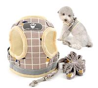 Print Plaid Pet Harness Vest and Lead Set for Small Breed Dog Cat Reflctive No pull Soft Nylon Mesh Padded Jacket 2 D-ring Buckle Adjustable for Walking Hiking Outdoor Puppy Clothes,Khaki M