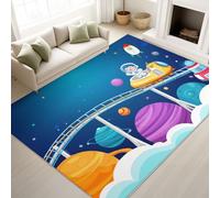Print Rugs 120 x 180 cm, Cartoon Space Non Slip Rugs Rocket Astronaut Planets Healing Playful, Washable Carpet Children s Room Games Room, Blue