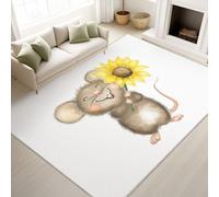 Print Rugs 120 x 180 cm, Watercolour Vector Children s Picture Book Non Slip Rugs Little Mouse Holding Sunflower Smiling Joyful, Washable Carpet Children, Yellow Brown