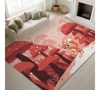 Print Rugs 160 x 230 cm, Cartoon Fantasy Non Slip Rugs Mushrooms Fox White Dots Whimsical Playful, Washable Carpet Nursery Games Room, Pink