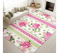 Print Rugs 160 x 230 cm, Retro Non Slip Rugs Stripes Polka Dots Flowers Rustic Fresh, Washable Carpet Country Style Bedroom Kitchen, Pink Green