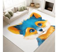 Print Rugs 160 x 230 cm, Vector Hyper Realistic Non Slip Rugs Baby Fox Cub Warm Cute, Washable Carpet Children Animal Lovers, Blue Brown
