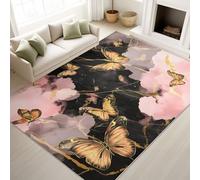 Print Rugs 160 x 230 cm, Watercolour Non Slip Rugs Butterflies Clouds Dreamy Mysterious, Washable Carpet Luxury Bedroom Feminine Space, Black Gold