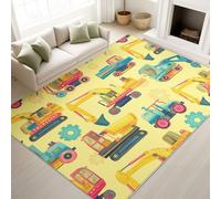 Print Rugs 200 x 300 cm, Animation Style Hyper Realistic Vector Non Slip Rugs Cartoon Construction Vehicles Playful Roadworks, Washable Carpet Children Machinery Fans, Yellow