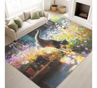 Print Rugs 40 x 60 cm, Anime Painting Style High Resolution Non Slip Rugs Cat Playing in Flower Bed Warm Cosy Comfortable, Washable Carpet Anime Pet Lovers, Yellow Green