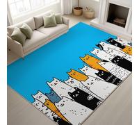 Print Rugs 40 x 60 cm, Doodle Playful Non Slip Rugs Cartoon Cat Energetic Joyful, Washable Carpet Children Cat Lovers, Blue White