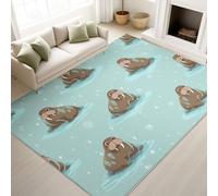 Print Rugs 40 x 60 cm, Vector Animation Non Slip Rugs Walrus in Water Cute Sparkly, Washable Carpet Children s Room Ocean Theme, Blue Brown