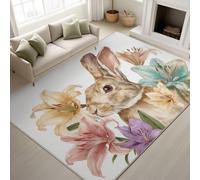 Print Rugs 40 x 60 cm, Watercolour Realistic Non Slip Rugs Rabbit Lily Flowers Highly Photorealistic, Washable Carpet Animal Flower Lovers, White Brown
