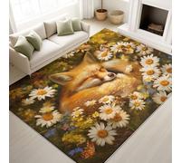 Print Rugs 60 x 90 cm, Realistic Oil Painting Focus Stacking Non Slip Rugs Little Fox Sleeping in Flowers Serene Natural, Washable Carpet Realistic Animal Lovers, Warm Brown