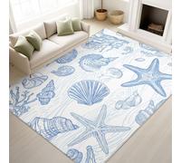 Print Rugs 60 x 90 cm, Retro Doodle Non Slip Rugs Shells Starfish Coral Cute Ocean, Washable Carpet Children s Room Seaside Bathroom, Blue White