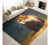 Print Rugs 60 x 90 cm, Vector Illustration Cartoon Surreal Non Slip Rugs Giant Bear Bright Whimsical, Washable Carpet Animal Illustration Lovers, Yellow Orange
