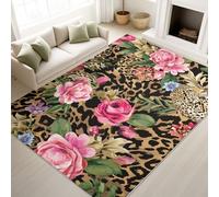 Print Rugs 60 x 90 cm, Vintage Non Slip Rugs Leopard Print Flowers Sexy Romantic, Washable Carpet Bedroom Lobby, Pink Green