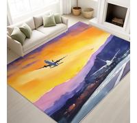 Print Rugs 80 x 150 cm, Natural Non Slip Rugs Aeroplane Taking Off Mountains Dreamy Beautiful, Washable Carpet Aviation Theme Travel Space, Orange Purple
