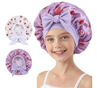 Print Satin Sleep Bonnet for Kids with Curly Hair - Adjustable Elastic Band Night Cap for Toddlers, Skin-Friendly Breathable Hair Protection with Decorative Bow (Strawberry white + strawberry purple)