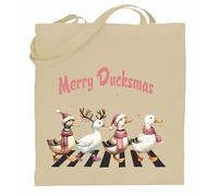 Print Shirts You think it, we print it Christmas Ducks Tote Bag - Merry Ducksmas Design with Ducks in Santa Hats & Boots - Eco Friendly Reusable Cotton Shopper Bag for Xmas Presents (Natural)