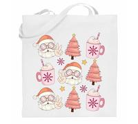 Print Shirts You think it, we print it Peace & Love Santa Christmas Tote Bag - Retro Pink Design with Trees & Hot Chocolate - Eco Friendly Reusable Cotton Shopper Bag for Xmas Presents (White)
