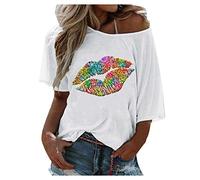 Print Sleeve Lip Round Five-Quarter Short Sleeve Women's Top Neck Loose Women's Blouse Tunic Set Women, White, L