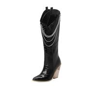 Print Western Knee High Boots for Women Calf Chunky Stacked Heel Pointed Toe Riding Boots Stylish Comfortable Durable Footwear (Black, 5)