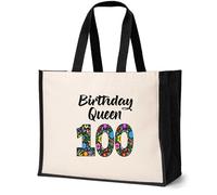 Print4U Birthday Queen 100 Canvas Tote Bag Gift For 100th Birthday 100 Year Old Natural