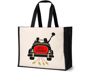 Print4U Just Married Large Canvas Tote Bag Bride Wedding Gift Bridal Bag Natural