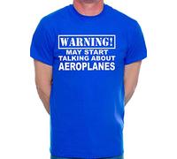 Print4U Mens T-Shirt Warning May Talk About Aeroplanes Medium Blue