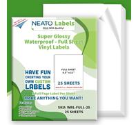 Printable Vinyl Sticker Paper - 25 Super Glossy Waterproof Labels for Inkjet and Laser Printers - Premium White Full Sheets - Strong Adhesive - Tear Resistant
