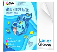 Printable Vinyl Sticker Paper for Laser Printer - Glossy White - 15 Self-Adhesive Sheets - Waterproof Decal Paper - Standard American Letter Size 8.5"x11" (216 mm × 279 mm)