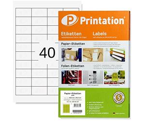 Printation Sticky Labels - 4000 Self Adhesive White Address Labels Stickers, 48.5 x 24.4 mm, 40 Per Sheet, 100 Sheets A4, Blank Address Stickers for Shipping, Mailing, Laser & Inkjet Printers, 4x10