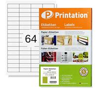 Printation Sticky Labels 48.5 x 16.9 mm, 6400 Labels Stickers, 64 Per Sheet, 100 A4 Sticker Sheets, Universal Multipurpose Sticker Paper for Laser & Inkjet Printer, Self Adhesive, Blank White Small