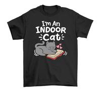 PrintBar Indor Cat Reading T-Shirt - Purr-fectly Funny! 100% Cotton, Unisex Design for Bookworms. Because Even Cats Need to 'Paws' and Reflect! Black
