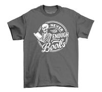 PrintBar Never Enough Books Skeleton T-Shirt - for The Bookworms! 100% Cotton, Funny Unisex Design. Because Even Skeletons Can't Resist a Good Read! Grey